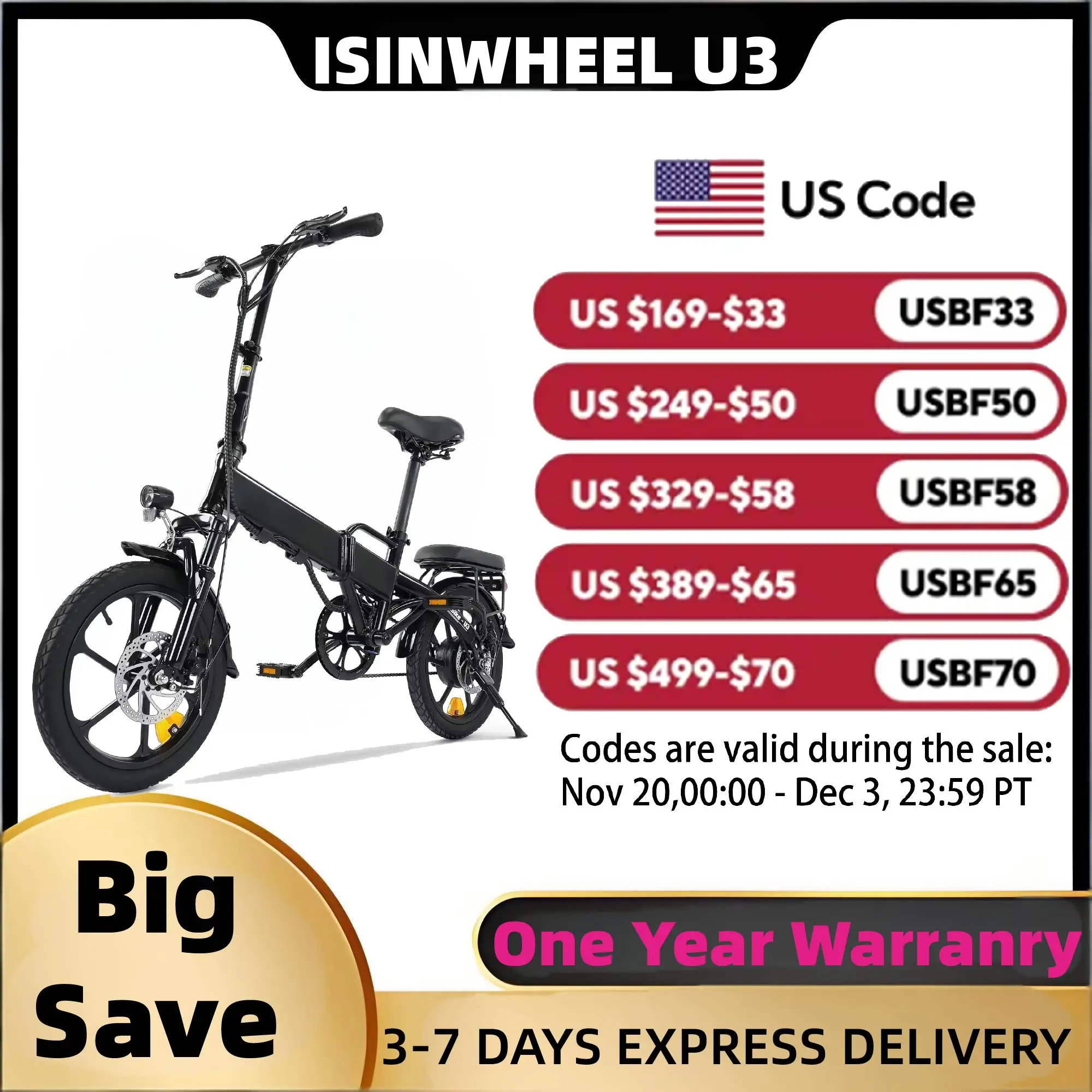 

Isinwheel U3 Adult Electric Bicycle,500W city ebike, 36V 7.8AH commuting E-bike, 16 Tire Foldable Electric Bike