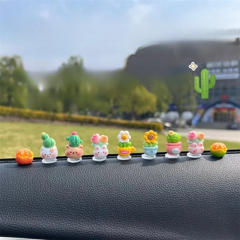 2024 Adorable Simulation Small Flower Potted Plant Car Dashboard Decoration Cute Cactus Ornament Fuzzy Little Tree Decor