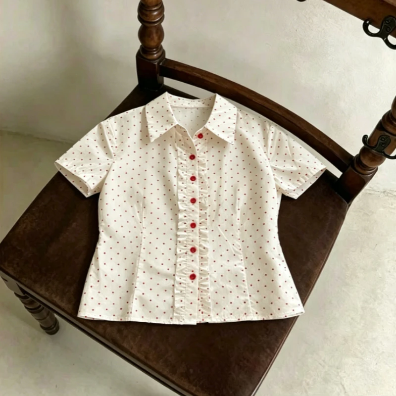 Ladies Kawaii Sweet Polka Dot Polo Shirt Y2k Vintage Slim Button Front Blouse Casual Harajuku Daily Short Sleeve Summer New Tops
