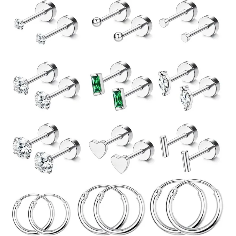 Fashion Earrings Set Crystal green Zircon Cartilage Piercing Women Stainless Steel Spiral Tragus Stud Earring Body Jewelry
