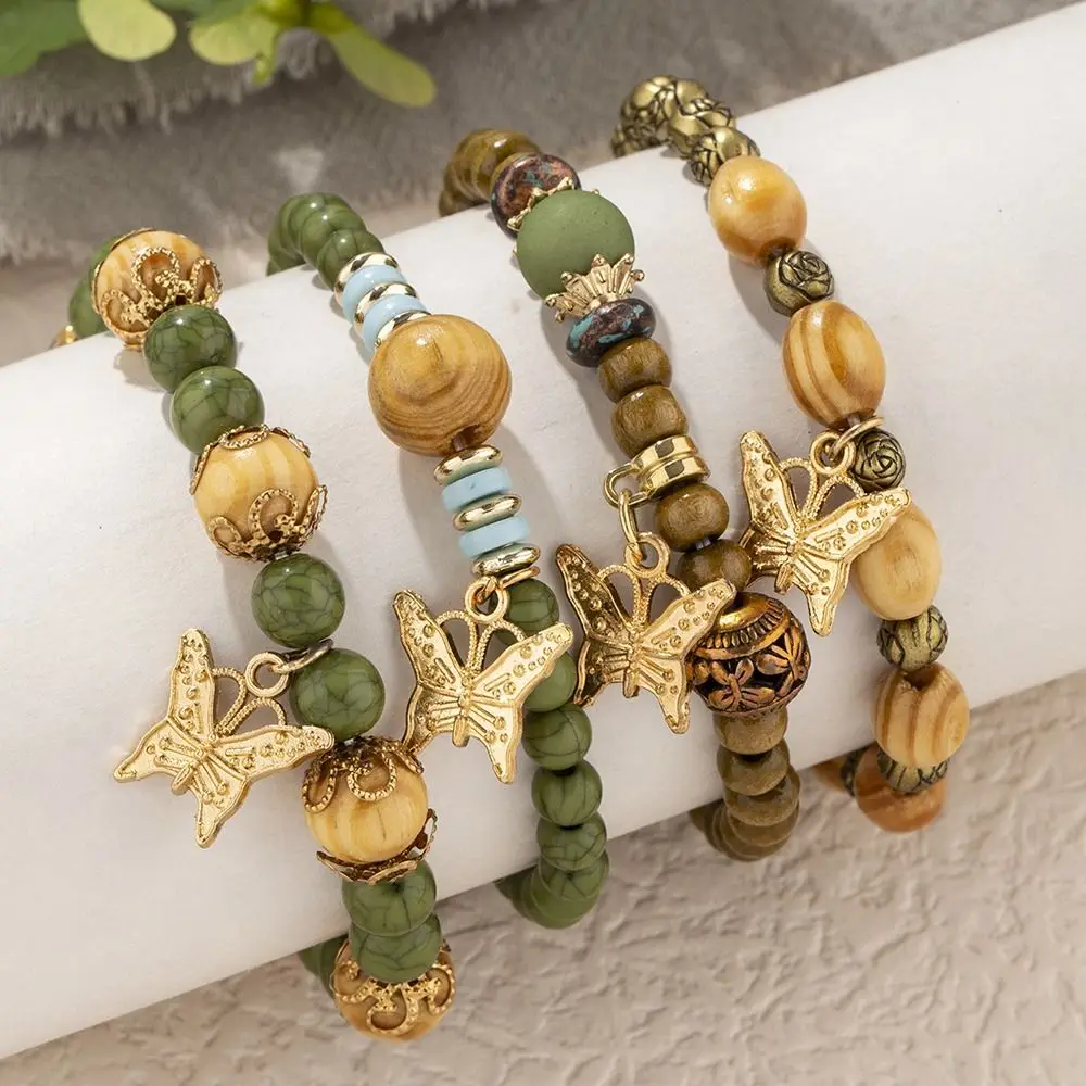 4pcs/Set Fashion Butterfly Charm Bracelet Set Handmade Colorful Wood Beads Bracelet Beach Bohemian Style Layered Bracelet Women