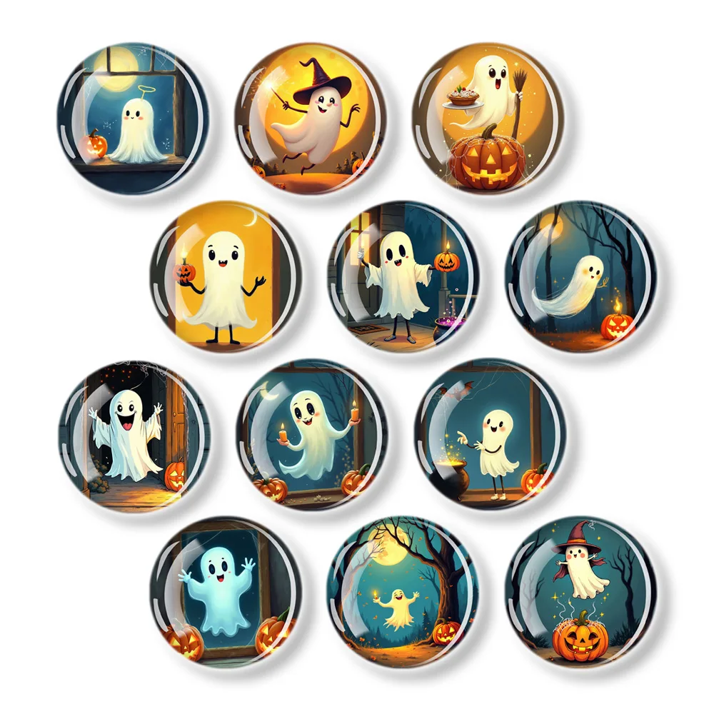 12pcs 30MM Halloween Cute Ghost Circular Refrigerator Stickers, Halloween Home Decorations, Halloween Party Gifts