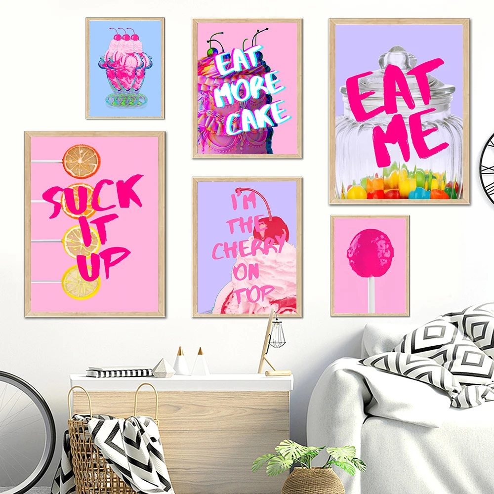 Unframe  Cartoon Ice Cream Pastel Cake Candy Home Poster Print Colorful Fun Quirky Art Canvas Painting Pink Quote Kid Living Roo