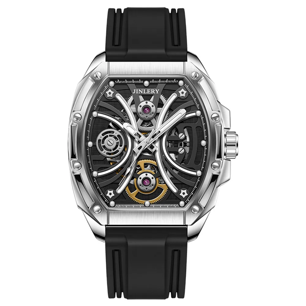 JINLERY Luxury Automatic Men Wrist Watch Skeleton Mechanical Self-Wind Clock Luminous Sapphire Crystal Waterproof Man Wristwatch