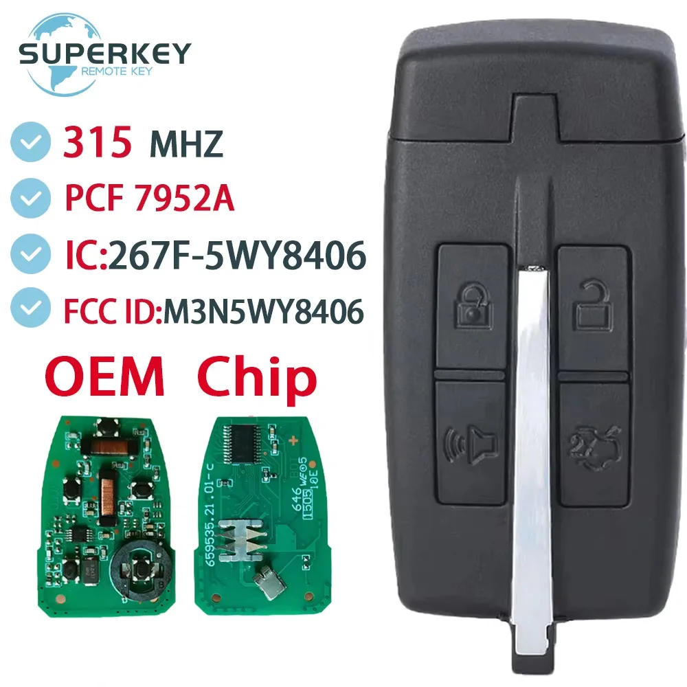 

Смарт-ключ 267F-5WY8406 для Lincoln MKS MKT Ford Taurus 2009 2010 2011 PCF7952A 2012 МГц ASK 46, чип OEM M3N5WY8406