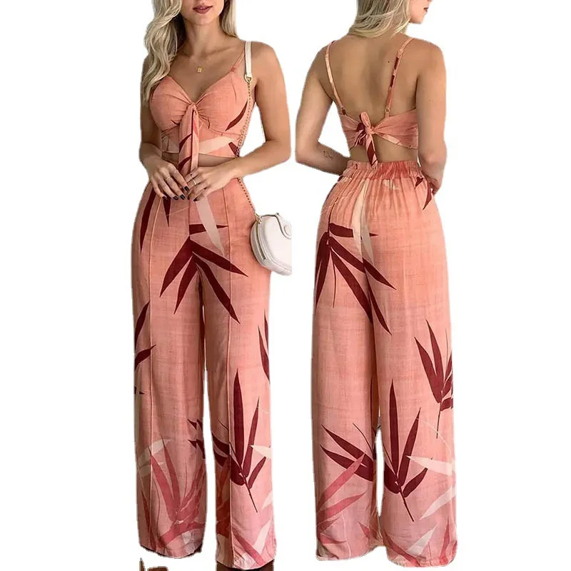 Summer Women 2 Pieces Sets Fashion Print Spaghetti Strap Casual Lace up Back Top&High Waist Pants Suit 2025 Woman Clothing Suits