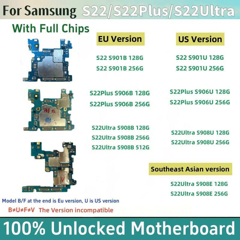 Unlocked S22 Ultra 5G S908B/U Motherboard For Samsung Galaxy S22 Plus 5G S901U/B S906U/B EU/US Version Logic Boards Mainbaord