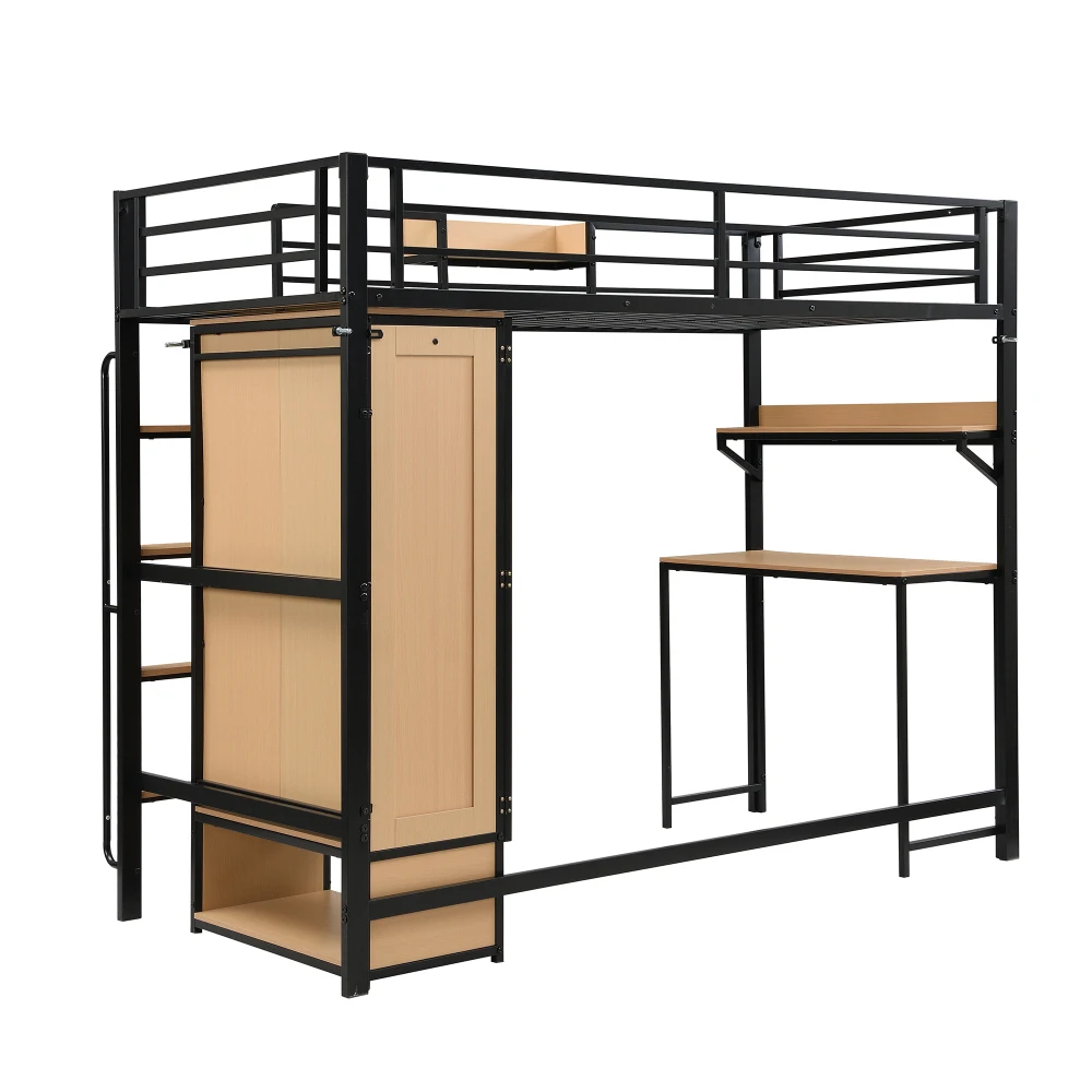 PINGGO Schwarz & Naturfarbenes Eisen-Etagenbett 90x200cm mit Kleiderschrank, Treppe, Schreibtisch, Staufächern, Metall, MDF, ohne Matratze – Detail 14