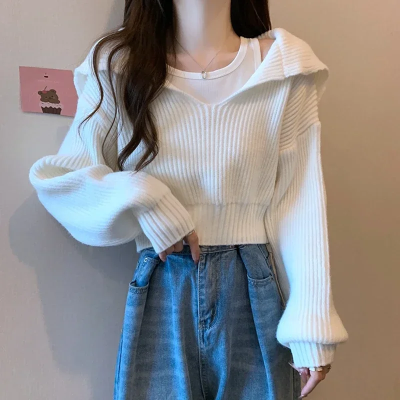 Casual Long Sleeve Cropped Sweater Women Autumn Winter Turn Down Collar Knitted Jumper Woman Korean Style Solid Color Jerseys