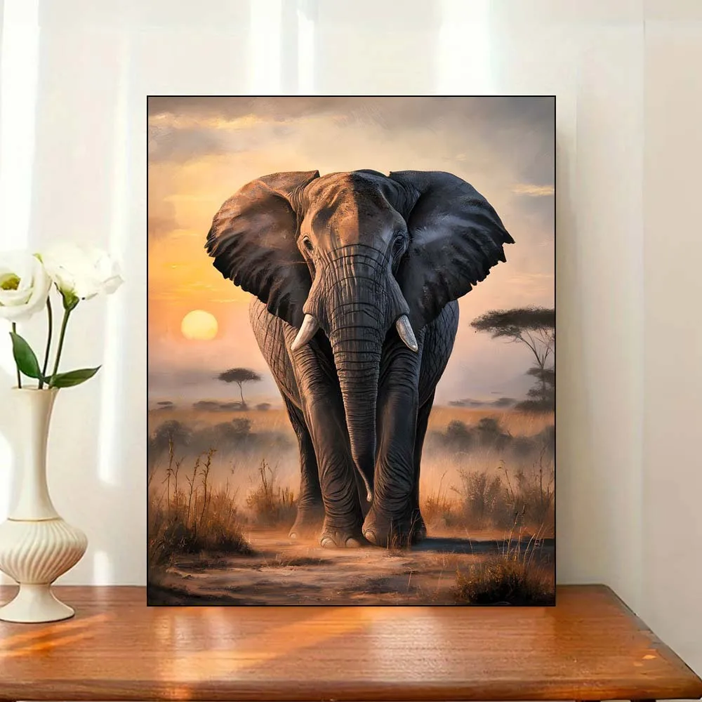 الفيل المهيب في السافانا الأفريقية عند غروب الشمس مفصلة قماش الفن لتقوم بها بنفسك مجموعة لوحات زيتية رقمية للبالغين المبتدئين لا الإطار #1