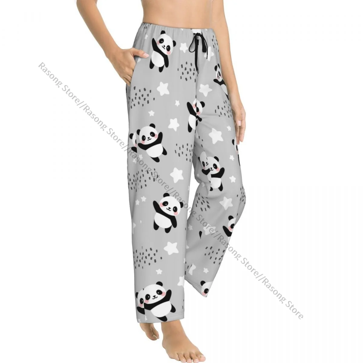 Women Long Pajama Pants Cute Panda Flying In The Sky With Clouds Sleepwear Trousers Home Lounge Pants for Daily Indoor Wear