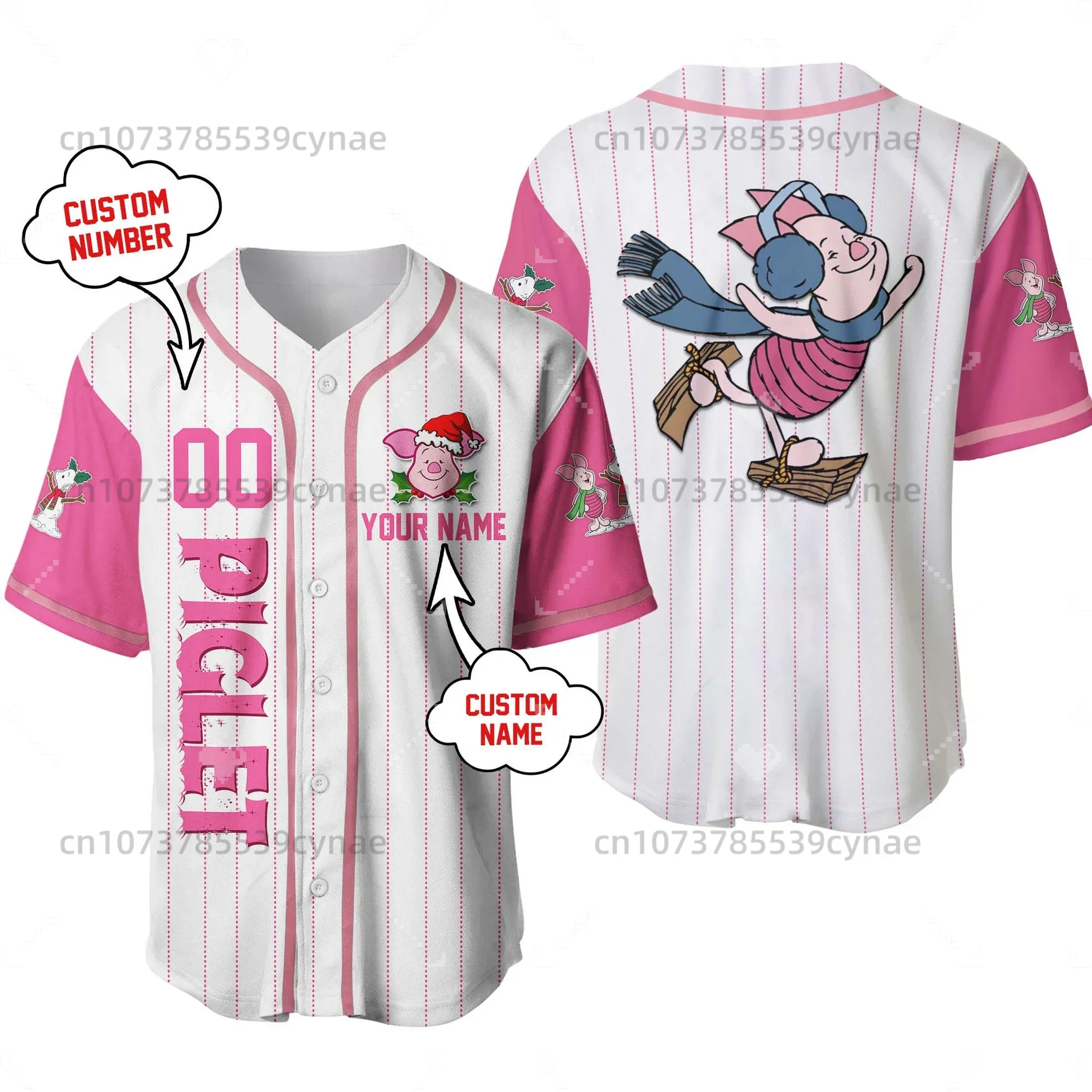 Disney Baseball Jersey Cute Piglet Pink Disney Y2k Baseball Shirt Casual Custom Name Men's Women's Children's T-Shirt