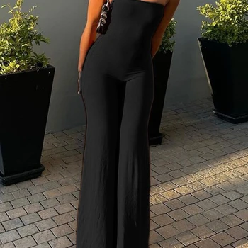 Sweetown 여성용 블랙 솔리드 스트랩리스 우아한 롱 점프슈트, 슬림 와이드 레그 플레어 롬퍼, 심플 패션 휴가 작업복 