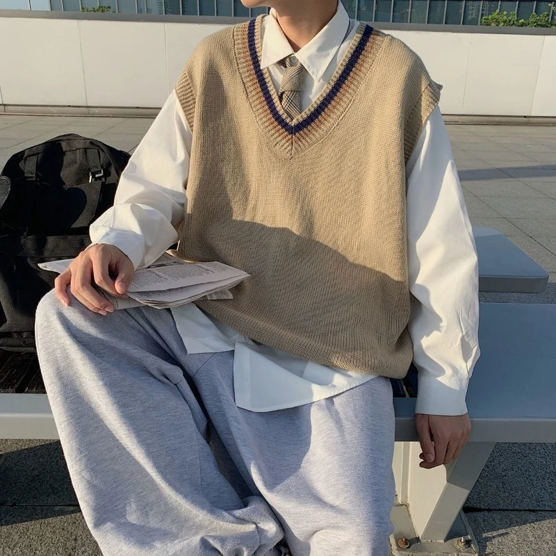 

Knitted V Neck Vest Men's Couple Color Blocked Preppy Style Casual Loose Fit Uniform Stylish Versatile Autumn Winter