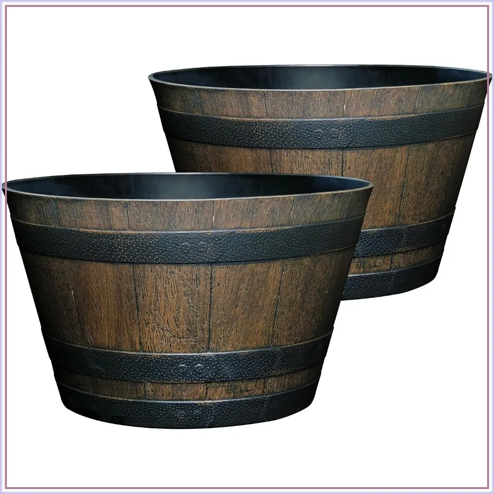 Whiskey Resin Flower Pot Barrel Planter 20.5 Inch Walnut Brown 2 Pack