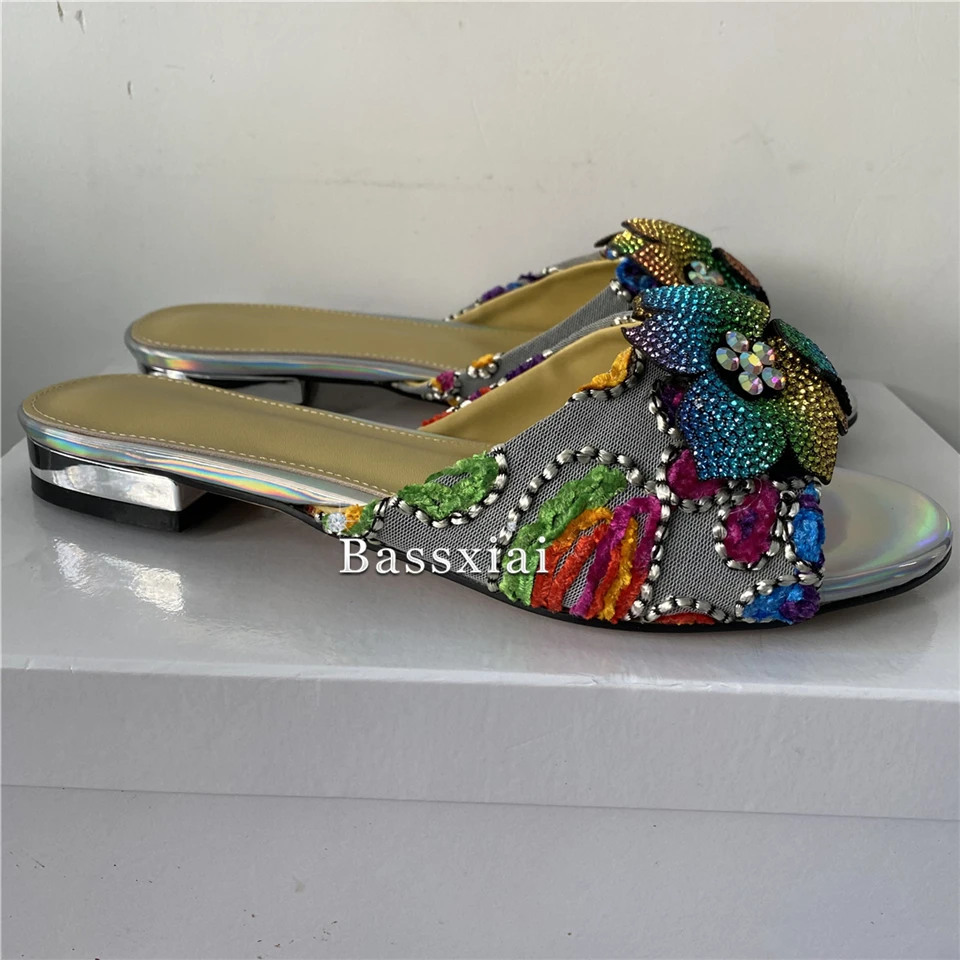 Embroidery Air Mesh Flat Heel Slippers Women Colorful Diamond Rhinestone Flower Decor Slim Summer Mules For Girls