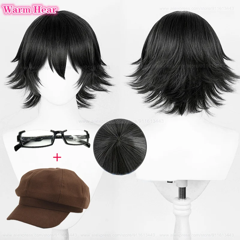 Perruque synthétique noire Anime Ranpo Edogawa avec lunettes, accessoires de cosplay, cheveux de degré de chaleur, chapeau en stock, 30cm