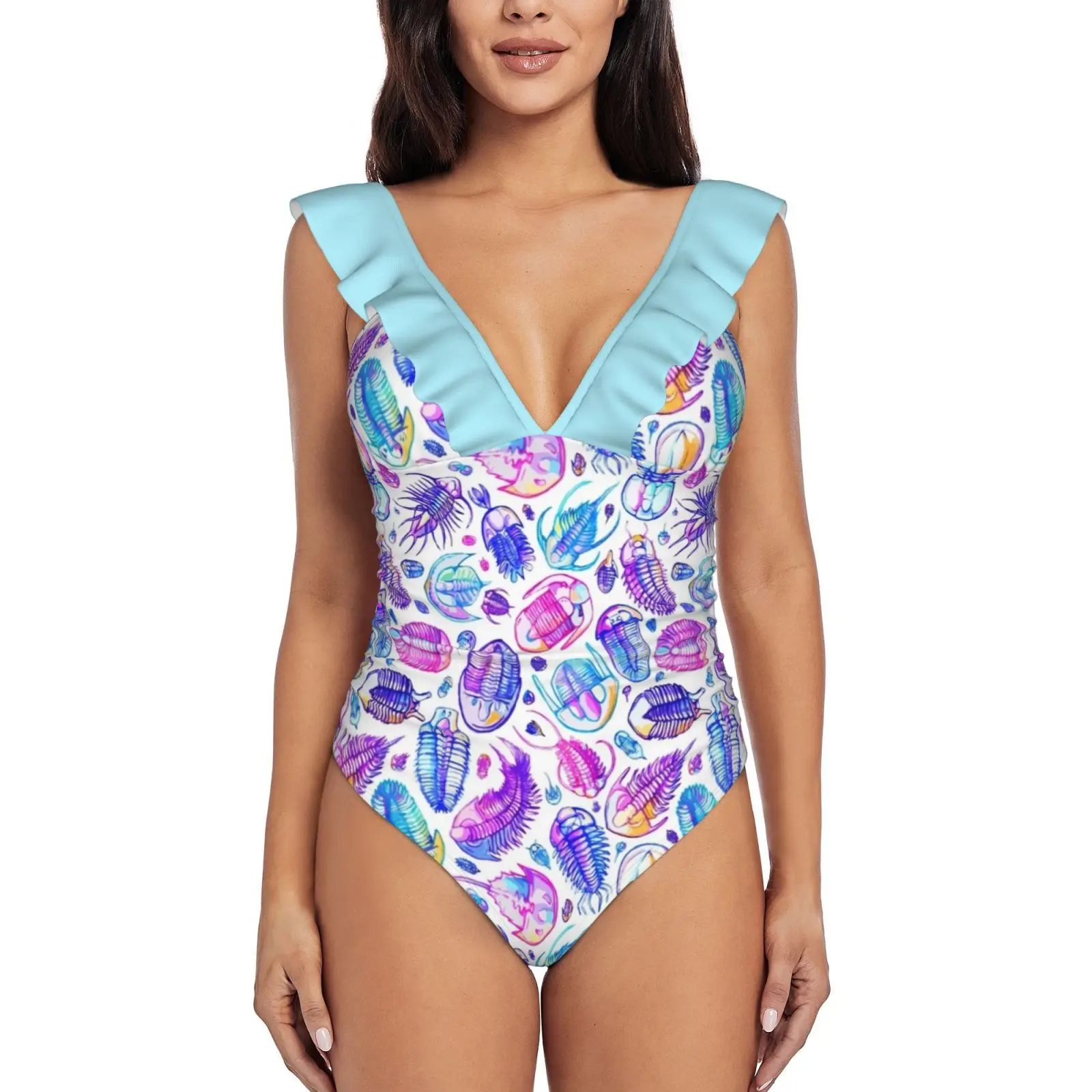 

Vibrant Trilobita Sexy One Piece Swimsuit Women Ruffled Swimwear Women Print Monokini Female Beachwear Trilobites Fossils