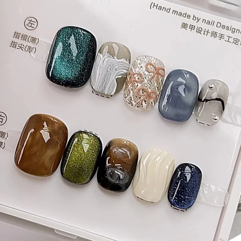 

10 шт., разноцветные накладные ногти ручной работы «кошачий глаз», накладные ногти со снежинками и бантом для женщин и девочек, короткие съемные носимые накладные ногти