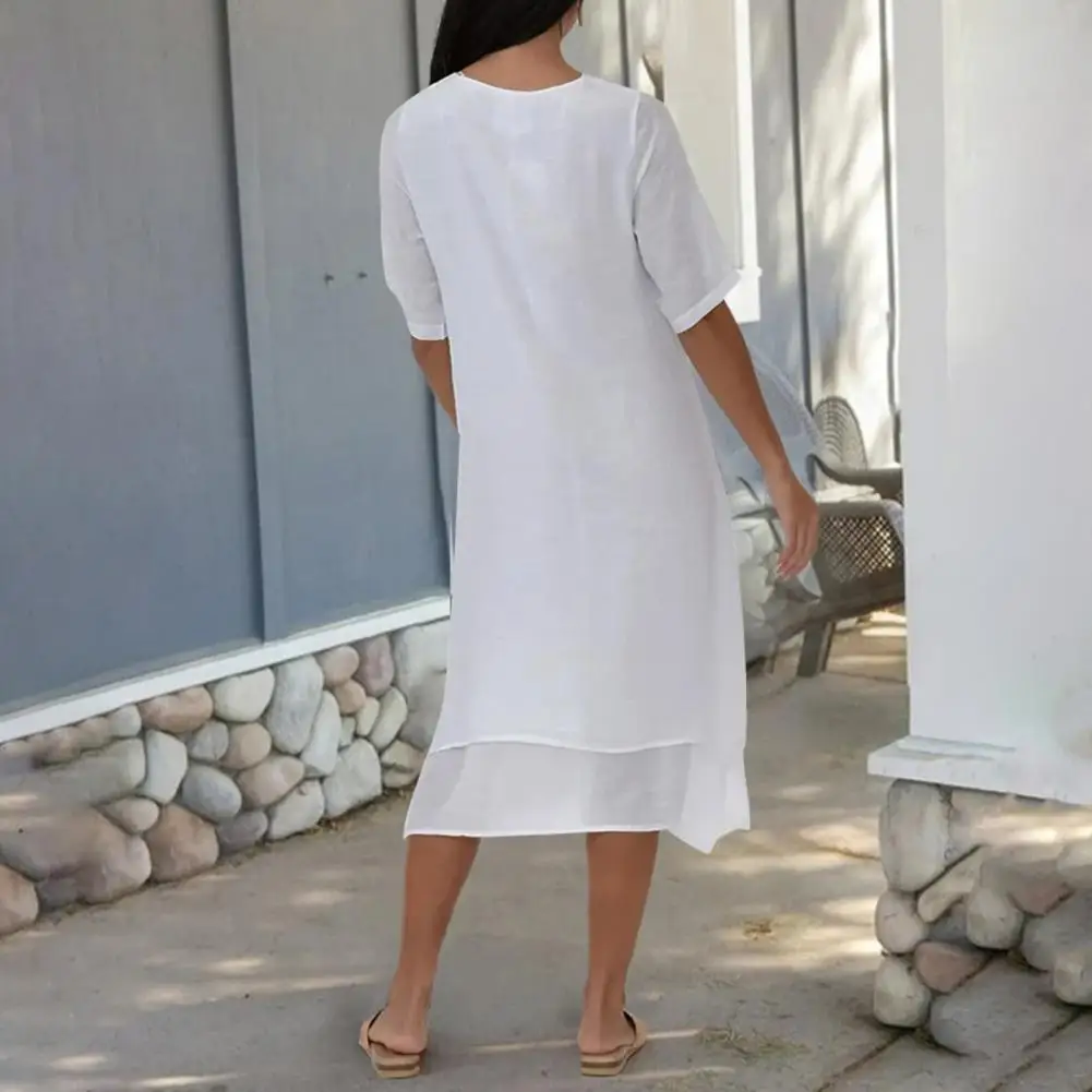 

Women Casual Summer Dress Comfortable Soft Dress Stylish Women's V-neck Midi Dress with Irregular Hem Button Detail for Women