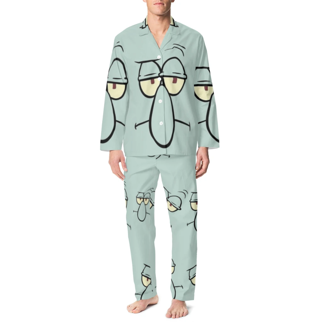 Cute Sponge-bob Cartoon Cotton pajamas set for men and women, long-sleeved strawberry doll print casual pajamasCute Sponge-bob