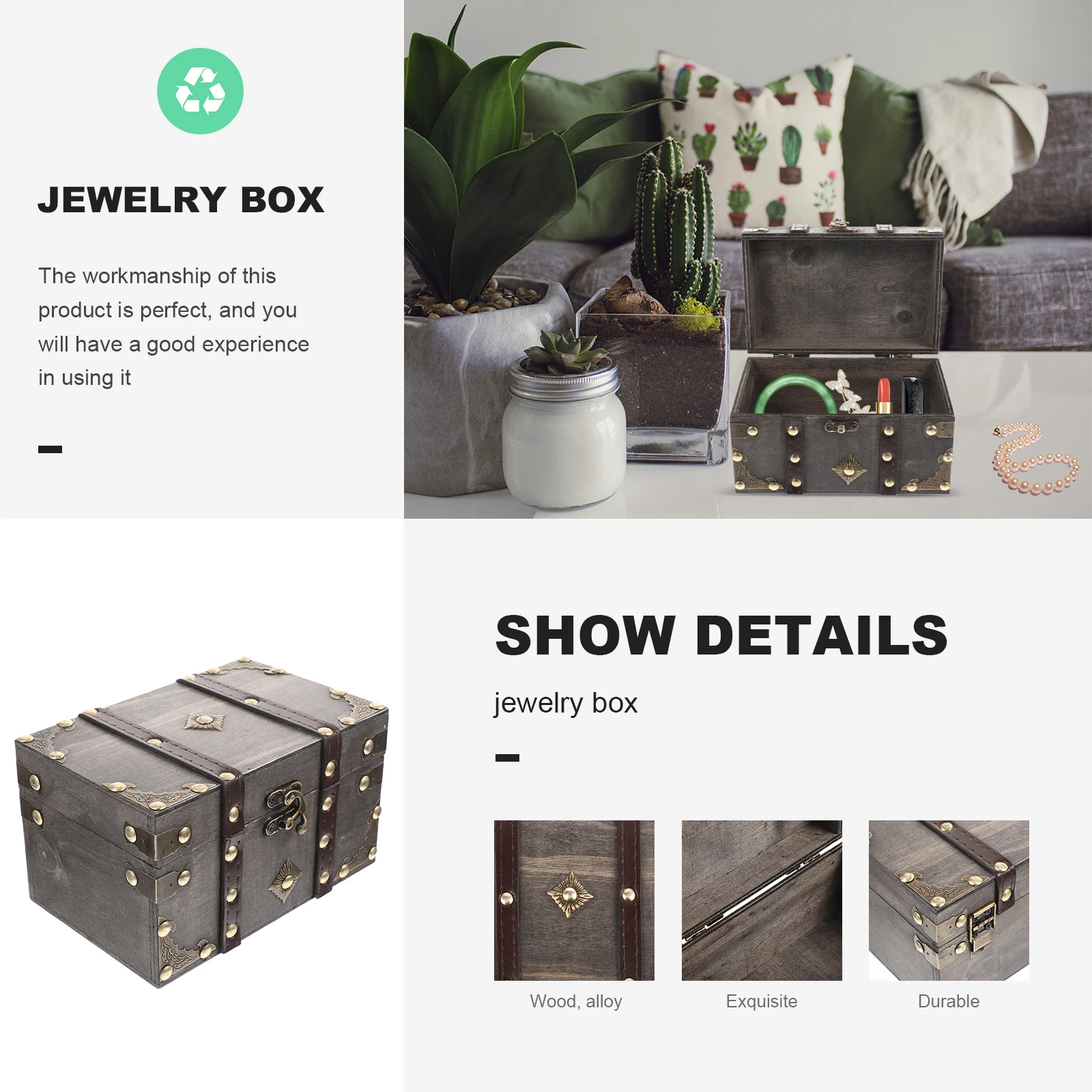 

Lockable Wooden Jewelry Storage Box Organizer Vintage Design for Rings Necklaces Earrings Bracelets Grey Case Holder