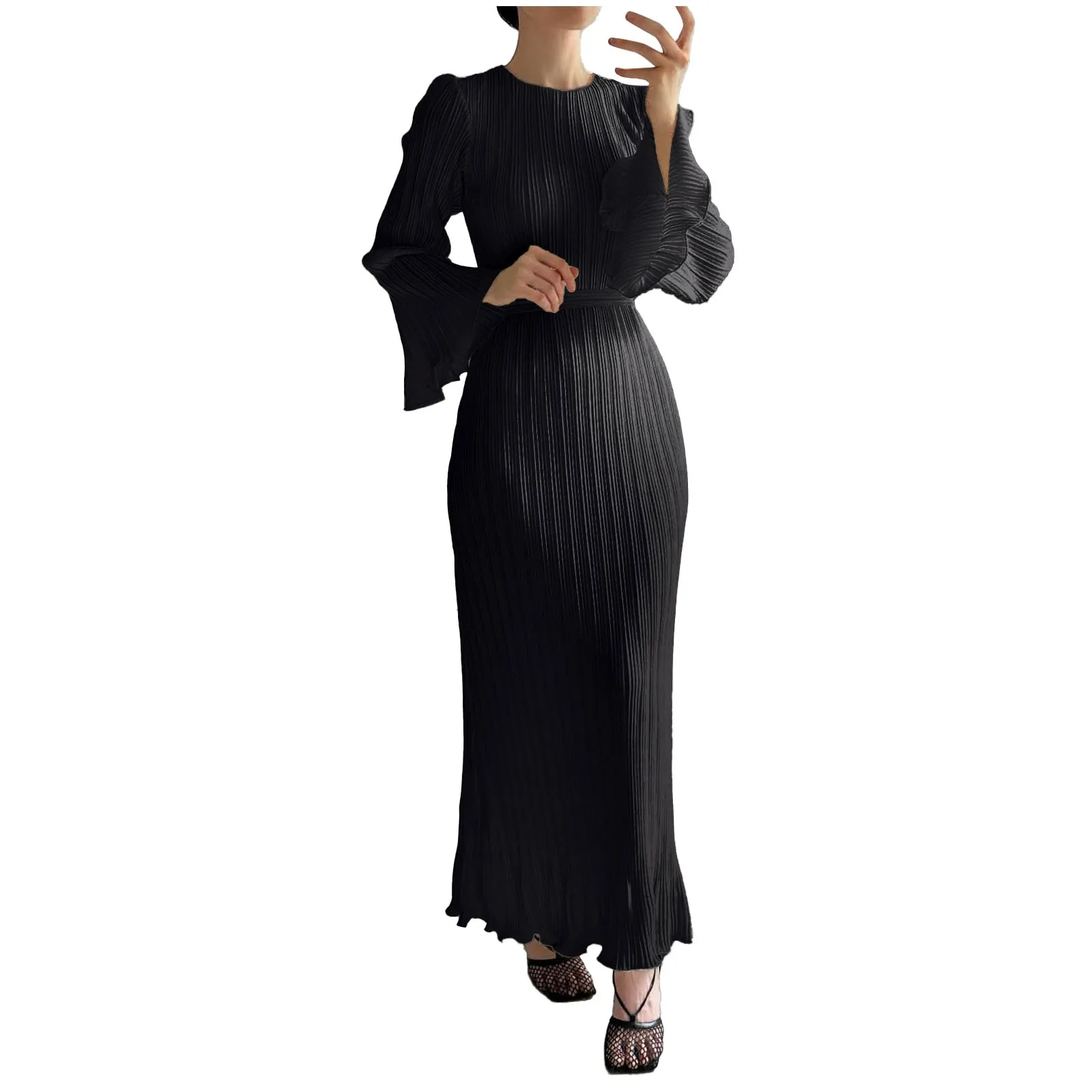 Women Summer Solid Tunics Pleats Maxi Dress For 2024 New Spring Fashion Bell Sleeves Festa Luxo Party Elegant Long Sleeve Dress