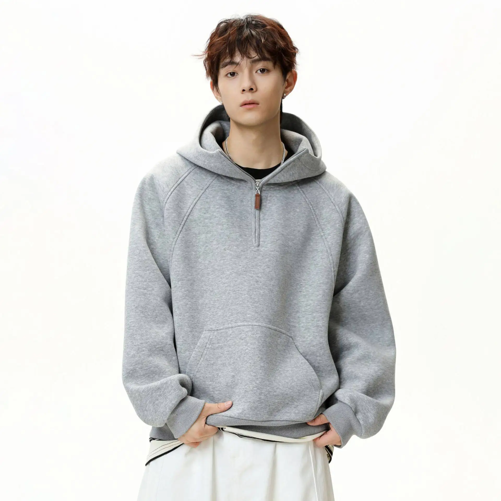Men's Commuter Style Half-Zip Gray Khaki Hoodie American Retro Loose Casual Versatile Black Red Hoodie for Spring and Autumn