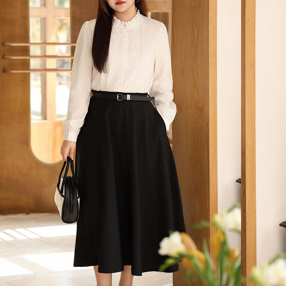 Sweet Preppy Style Ruffle Stand Collar White Shirt for Women, Good Quality Plus Size Casual Black Skirts Spring Summer 2Pcs Sets