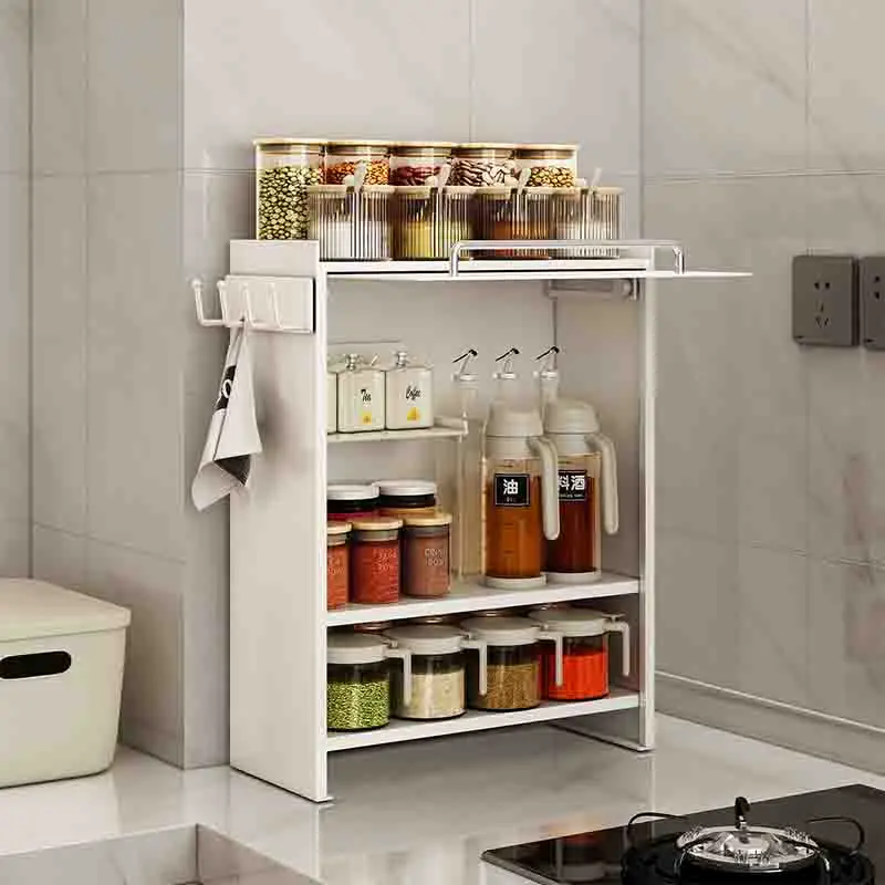 Novo Armário Organizador de Cozinha com Prateleiras, Porta Basculante e Suporte para Copos de Café, à Prova de Poeira, para Armazenamento e Temperos