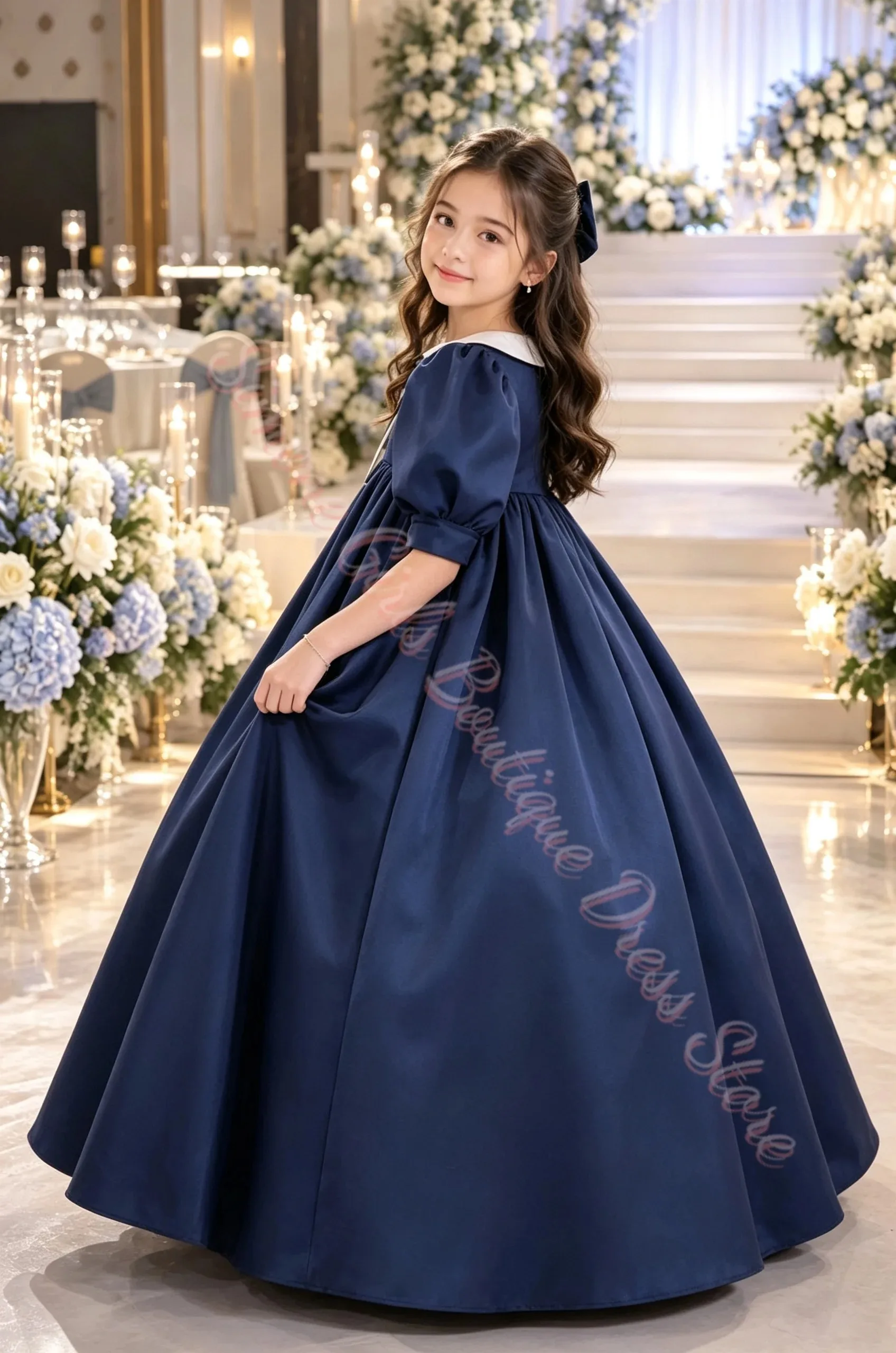 Maßgeschneidertes, blaues, flauschiges Blumenmädchenkleid für Hochzeiten, mit Puppenkragen, aus Satin, mit 3/4-Ärmeln, für die Erstkommunion, Kindergeburtstagsfeier, Großhandel – Detail 6