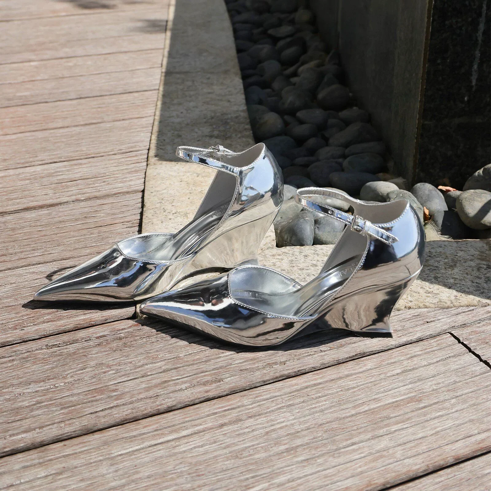 Women Metallic Mirror Finish Pointed Toe Wedge Heel Mule Sandals Adjustable Ankle Buckle Strap Slip On Elegant Evening Footwear