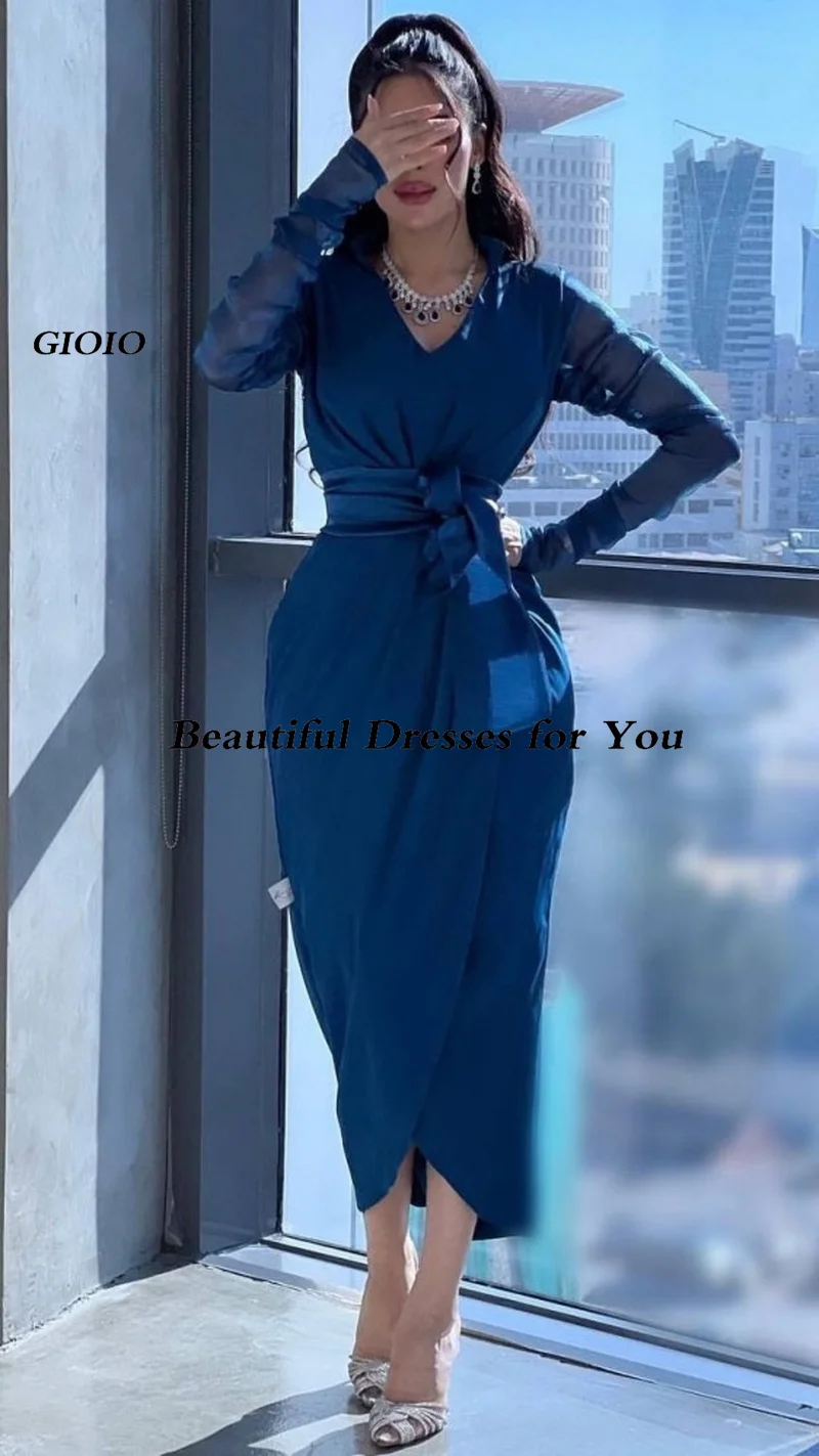 V-Neck Sheath Belt Satin Luxury Formal Evening Dresses Long Sleeves  فساتين سهرة  Ankle Length Elegant Prom Growns Party Women