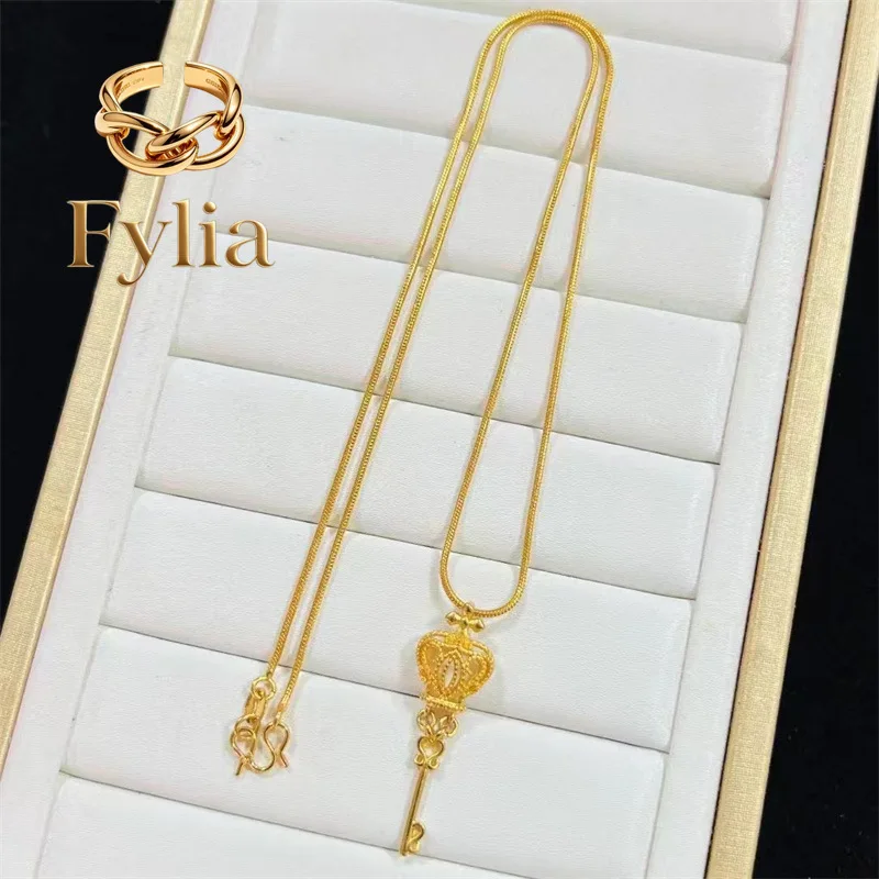 Fylia Jewelry  9999 Crown Key Clamping Bone Necklace 24K Real Gold Women's Snake Bone Chain Fresh and Sweet Necklace