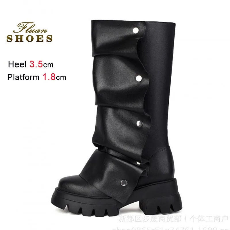 New Foreign Trade Women Shoes New Medium Heel Thick Platform Knee Length Boots Round Toe Metallic Rivet Boots Fashion Long Boots