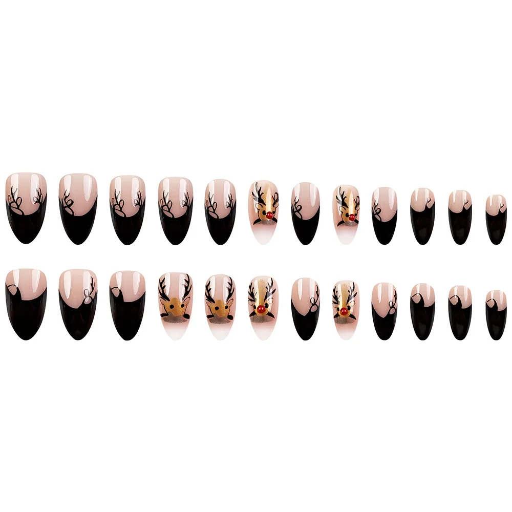 Faux ongles courts à pression de noël en amande, 24 pièces, strass, vacances, colle sur couverture complète, ongles artificiels pour femmes