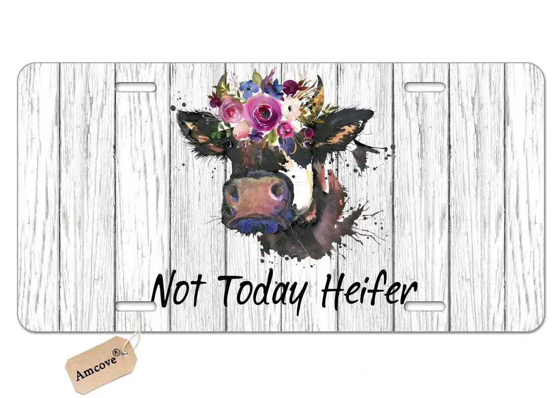 Funny Quote License Tag Plate, Not Today Heifer,Vanity Tag,Metal Car Plate, Cow Gifts for Her, Cow Novelty License Plate Decorat