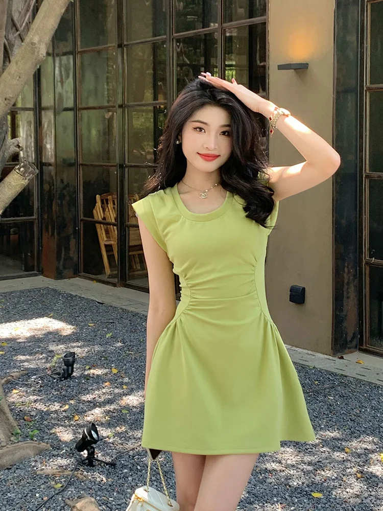 Elegant High Waist Green Dress Women's Summer New Style Pure Desire Short A-Line Skirt Versatile Short Dress for Women