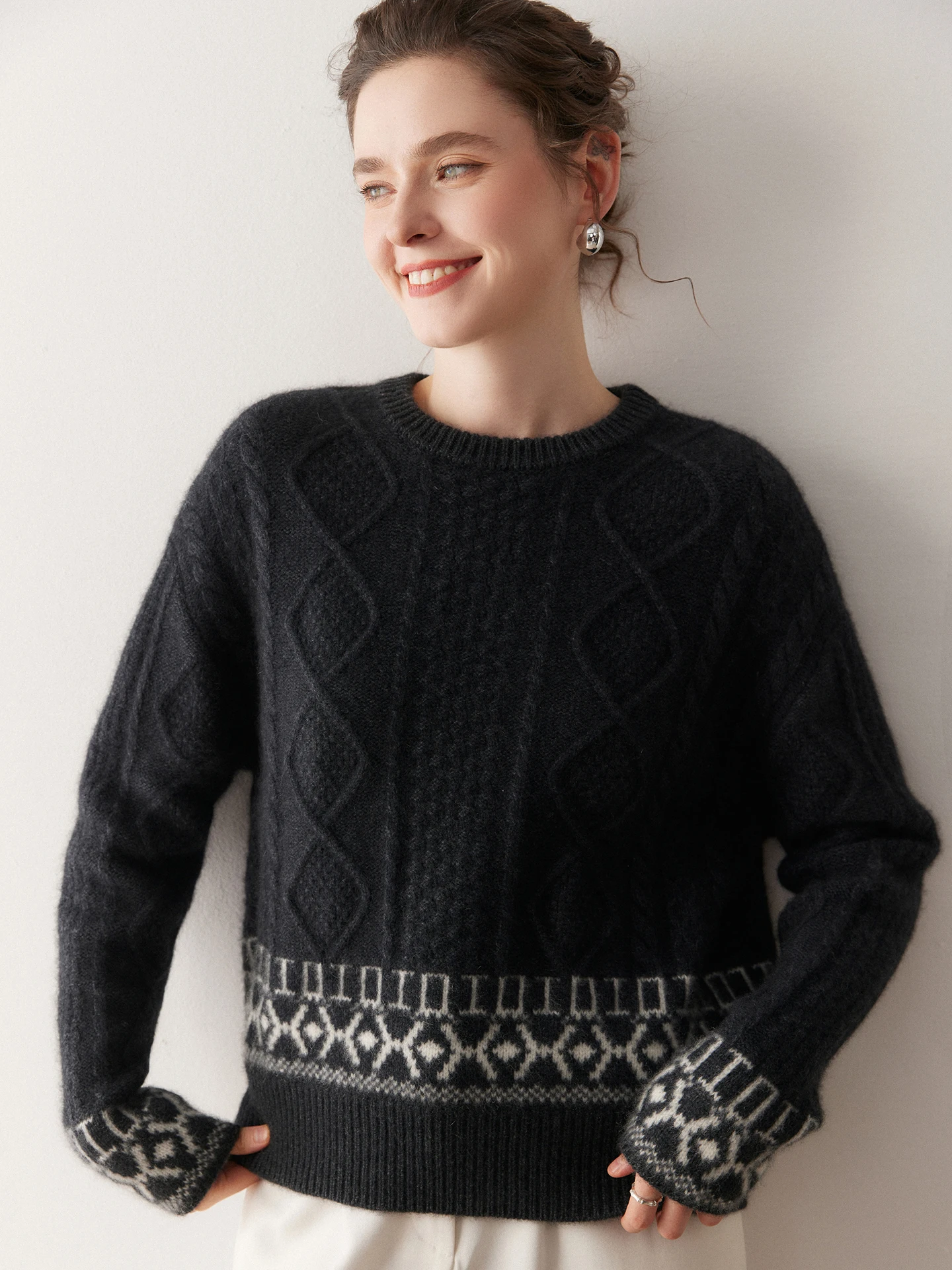 

TLOML женский пуловер с круглым вырезом винтажный кашемировый свитер Faire Isle осень-зима 100% кашемировый трикотаж толстый жаккардовый свитер топы