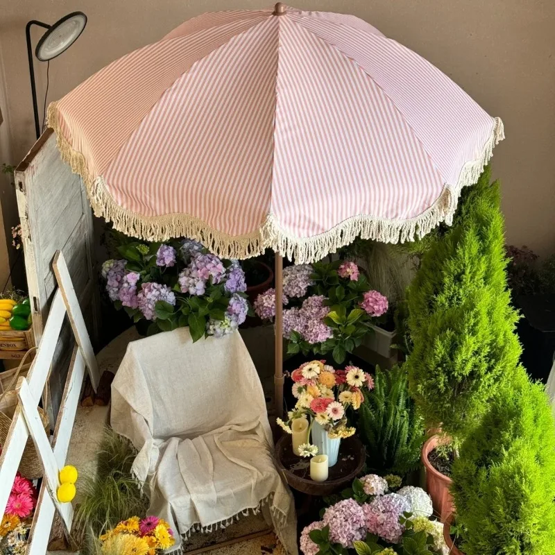 

ZBN Pink Striped Garden Sun Umbrella, Advertising Camping Promotional Umbrella Beach Folding Umbrella Beach Sunscreen