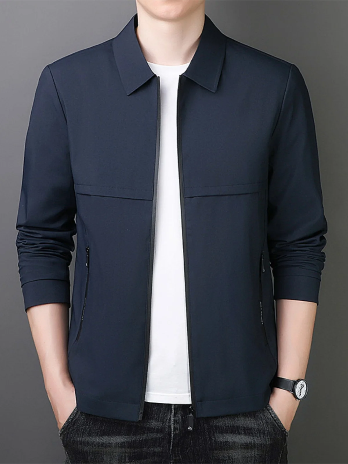 

Мужская повседневная куртка-жакет из полиэстера с отложным воротником, свободного кроя, на весну-осень, стандартной длины рукавов