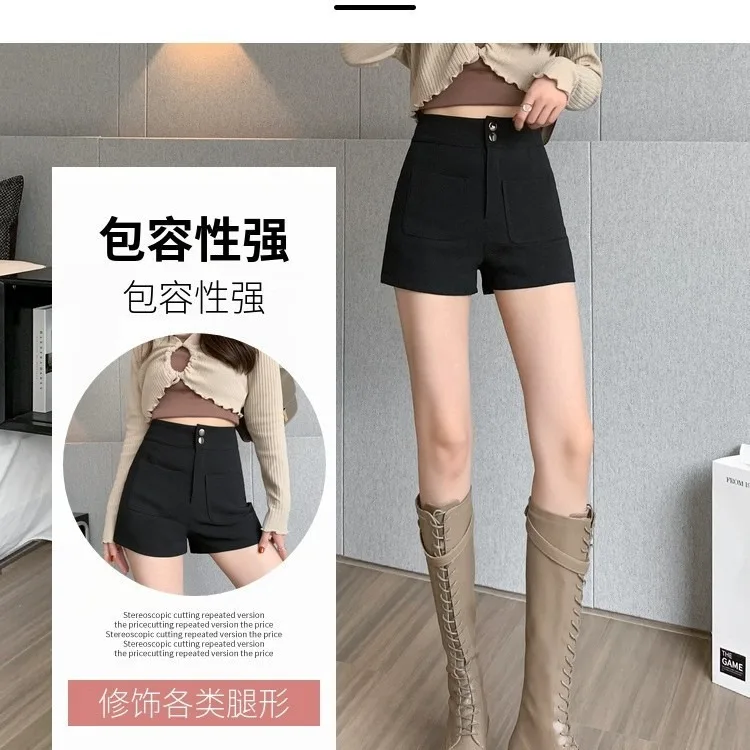 

2024 Black High Waisted Suit Shorts Women's A-line Loose Fit Trousers for Autumn Winter, Flared Leggings Show Slim & Tall Figure