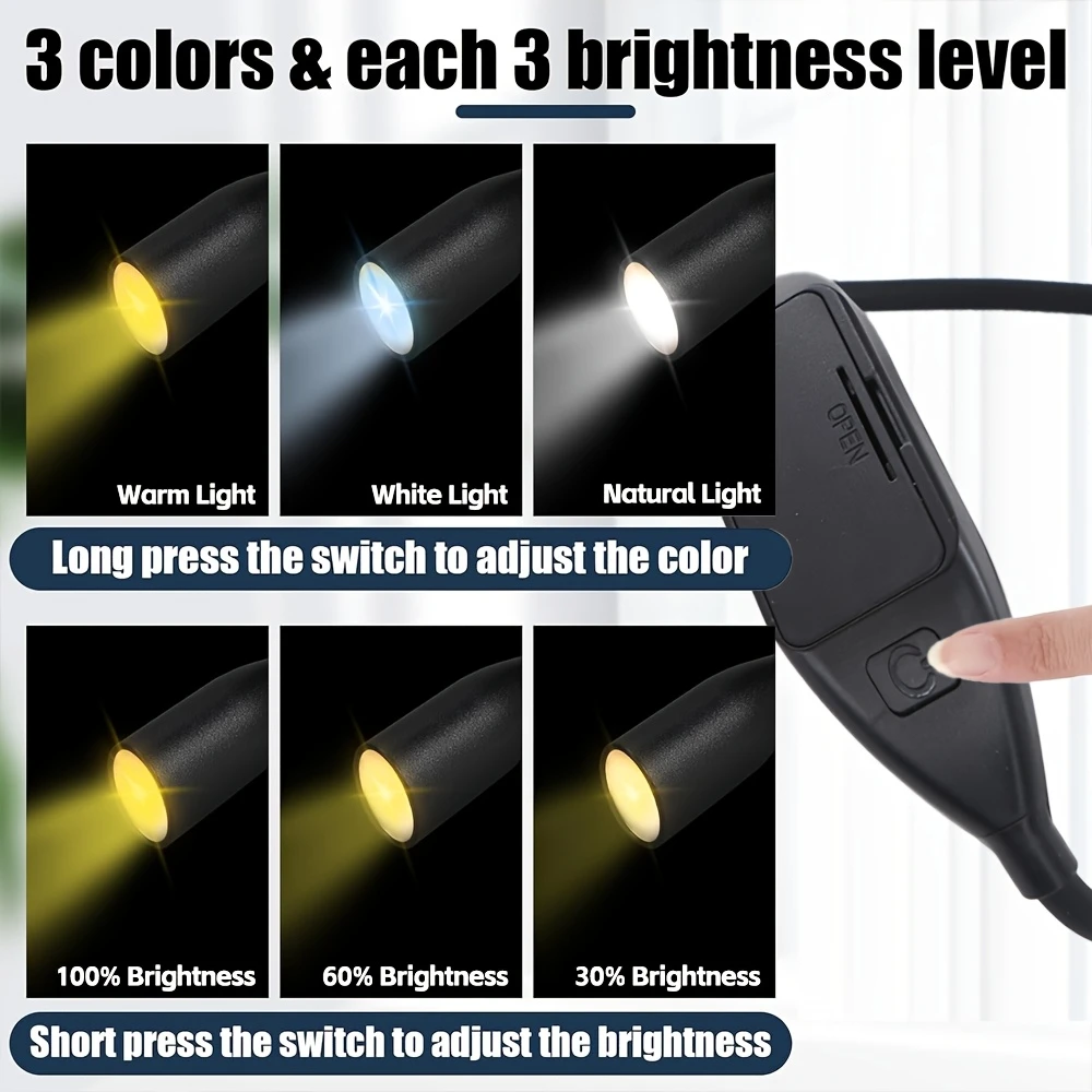 Portable LED Neck Reading Light 3 Color Lights,360° Flexible Hands-Free Book Lamp Battery Powered,Bed Reading,Travel,Emergency