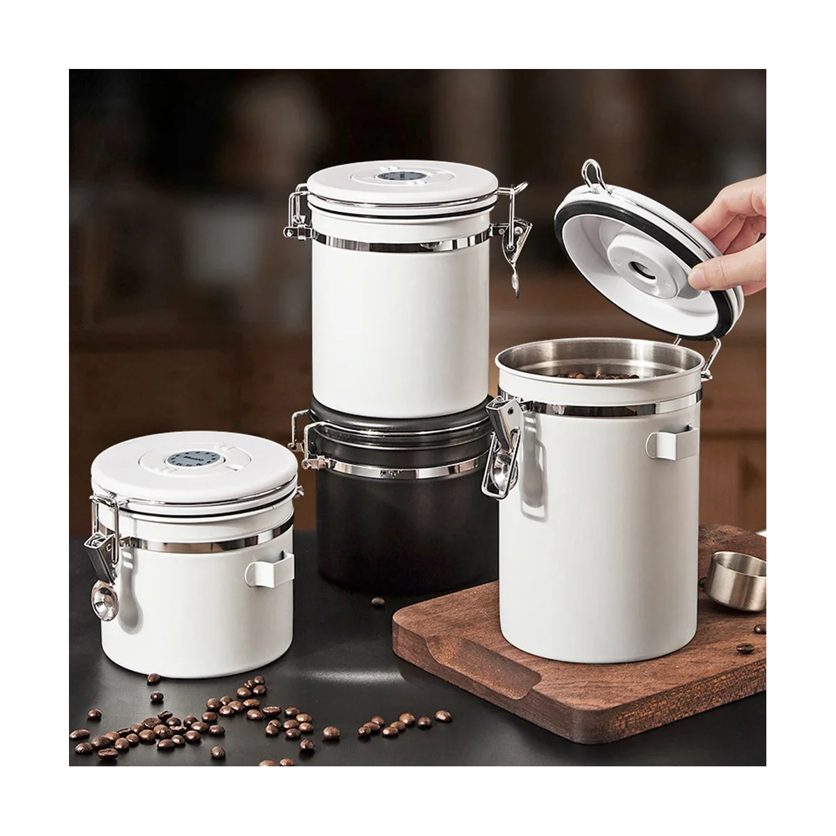 Coffee Storage Container Stainless Steel Coffee Bean Can Sealing Coffee Filling Food Storage Container 1800ML White