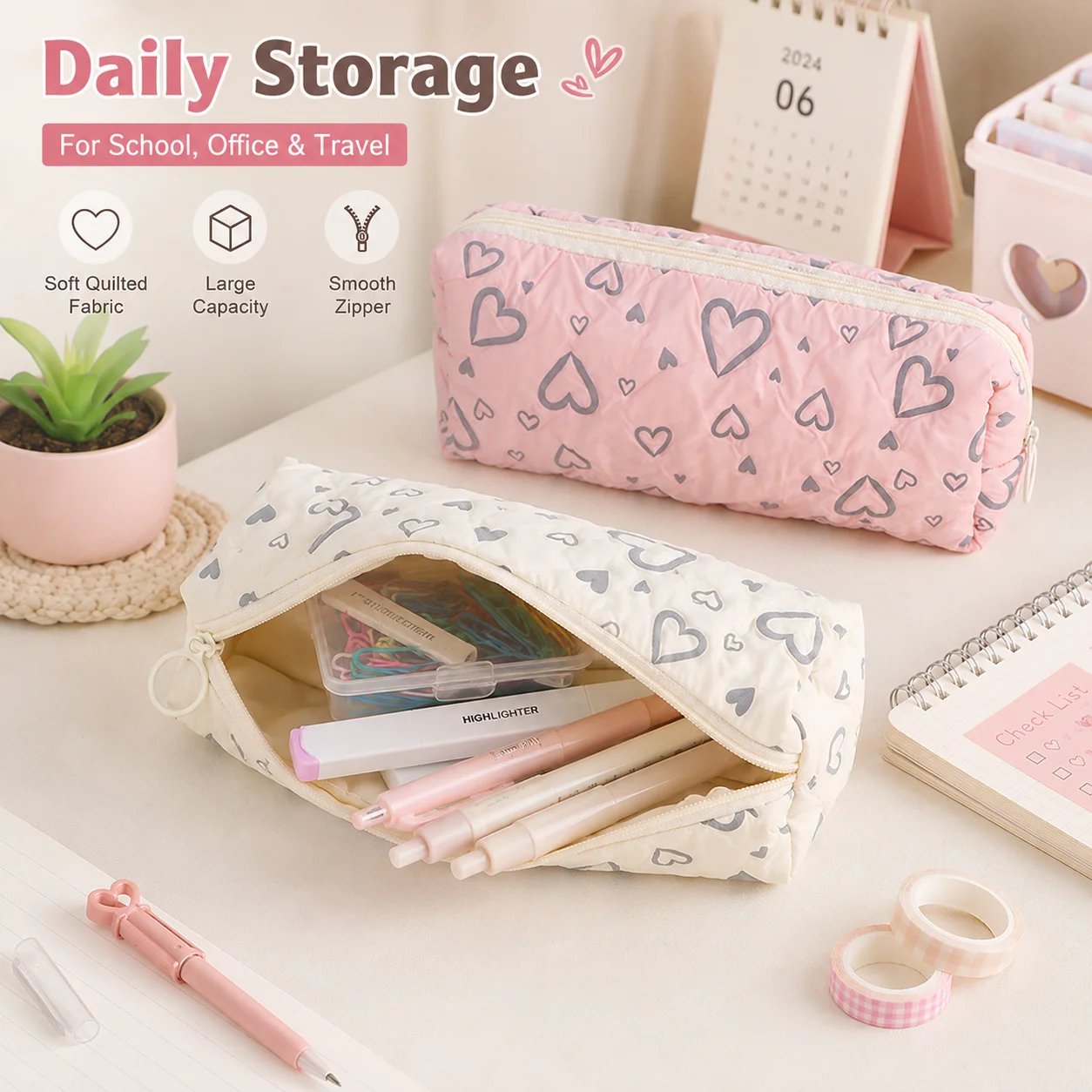 Vintage Heart Print Pencil Case Quilted Soft Fabric Zipper Pen Bag Portable Stationery Organizer For School Office And Travel
