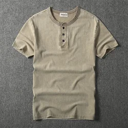 Summer American Retro Short-sleeved Henry Collar Solid Color T-shirt Men's Fashion Simple 100% Cotton Washed Casual Sport Tops