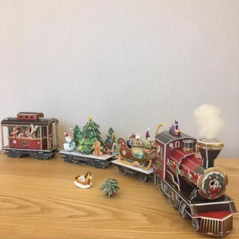 Diy trem de natal kits modelo de madeira personalizado 3d quebra-cabeças de madeira diorama com lâmpada música construir presente de aniversário de natal decente