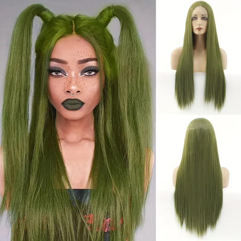 

Front Lace High Temperature Fiber Wig Olive Green Synthetic Wig Realistic Look Glueless Synthetic Heat Resistant Fiber