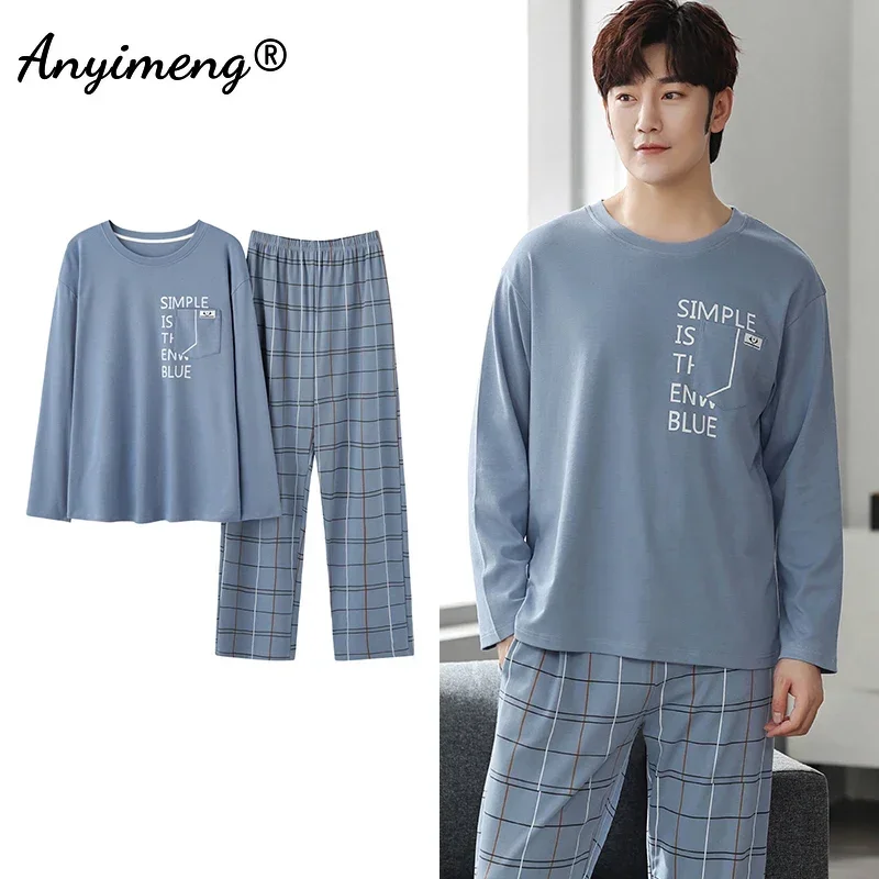 Conjunto de Pijamas de estilo minimalista coreano para hombre, ropa de dormir de algodón de manga larga, para ocio, a la moda