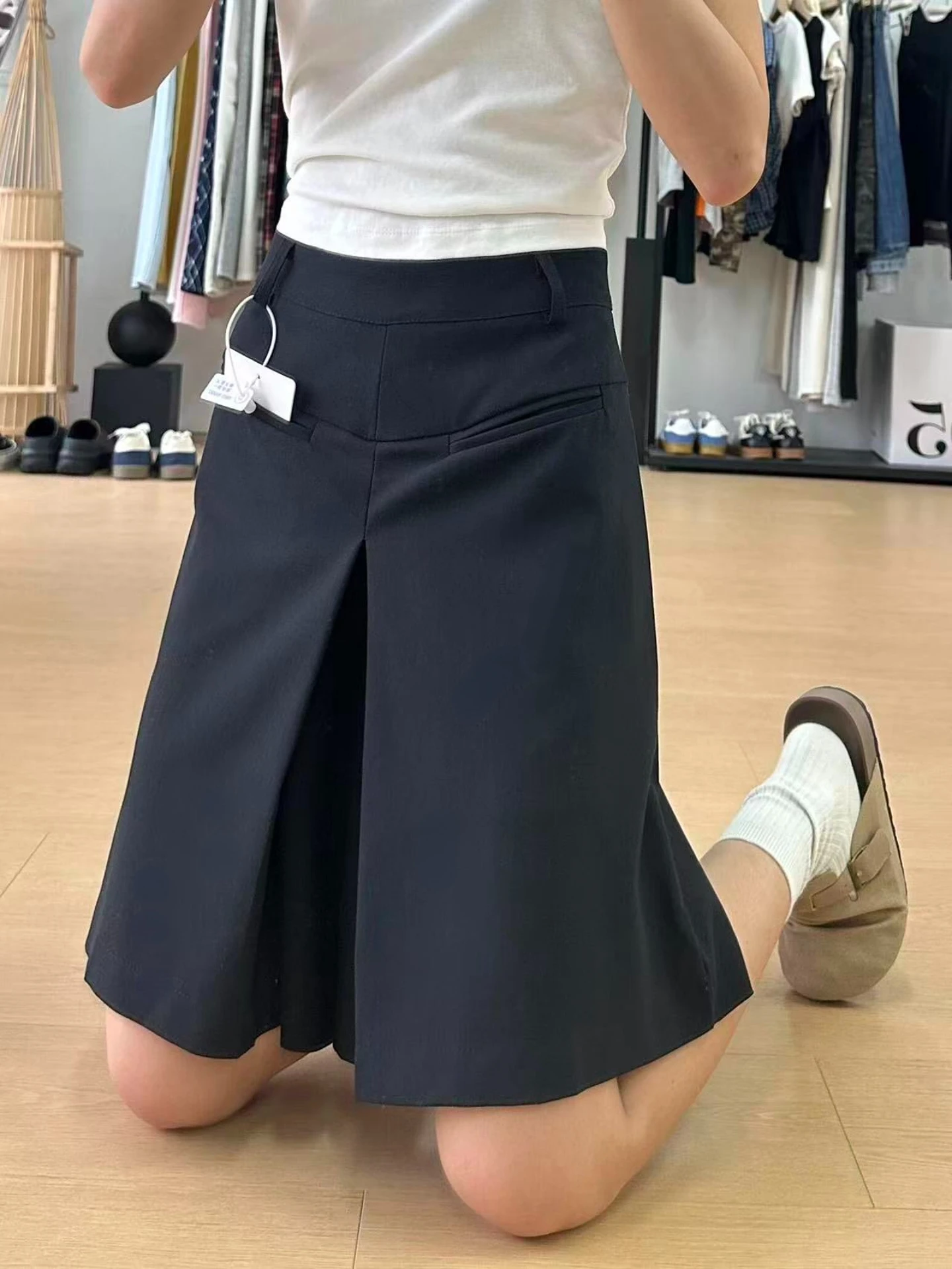 Black Wide Leg Pants High Waist Trousers for Women Summer New Style Five-Point Suit Shorts Skirt Loose Slimming Hip Covering